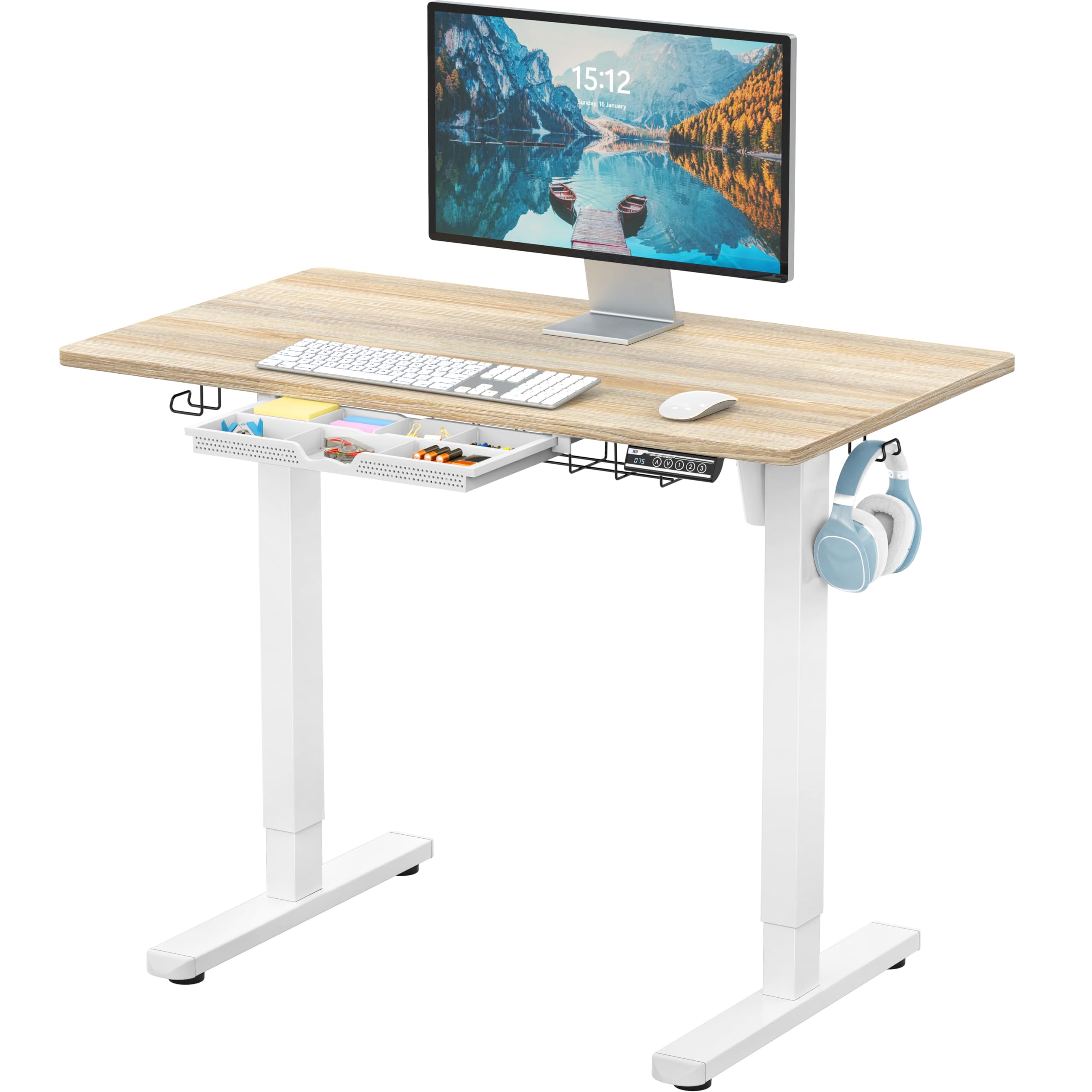 SHW 40-Inch Electric Height Adjustable Standing Desk with Drawer, Memory Preset and Cable Management Tray, Maple