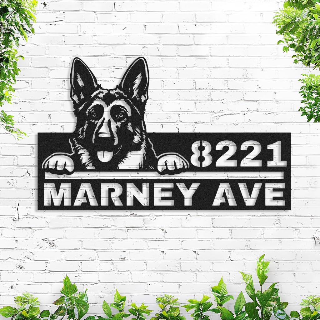 Adthyuxq German Shepherd Personalized House Number Sign With Street Name, Customized Dog Address Plaque For Home Wall Decor Custom Dog Metal Address Sign Metal Wall Art