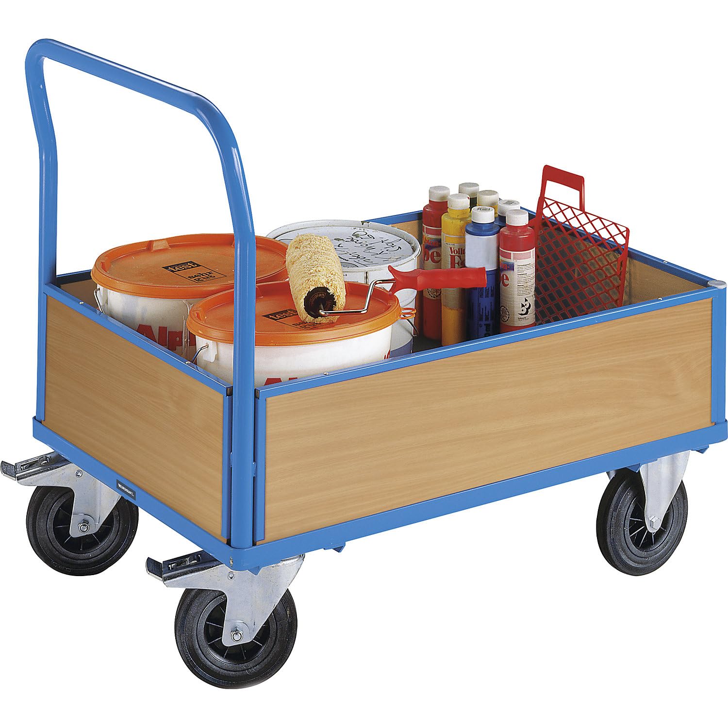 eurokraft pro | Plattformwagen mit Holzwänden | Mit 4 halbhohen Wänden, LxB 1050 x 700 mm, Vollgummi