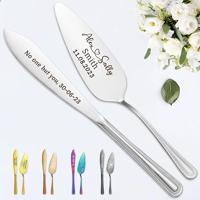Personalised Cake Cutting Set for Wedding Engraved Cake Knife and Server Set Custom Cutting Set Cutter Serving Gift for Bride Groom Quinceanera Birthday, Silver
