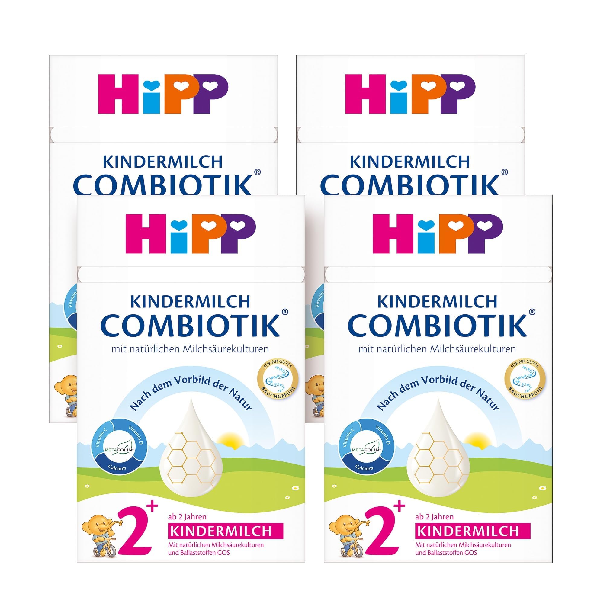 HiPP Kindermilch Combiotik 2+ (4 x 600g) ab 2 Jahren, mit natürlichen Milchsäurekulturen und Ballaststoffen, Calcium, Vitamine C und D, für ein gutes Bauchgefühl