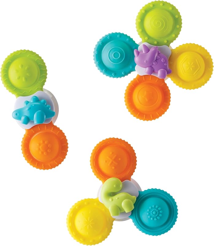 Infantino Bath Pop Spinners, juguetes sensoriales de dinosaurio, ventosas, 3 piezas