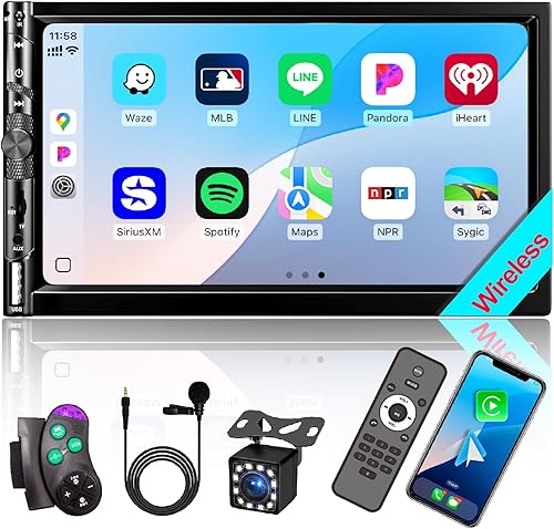 Estéreo de auto doble DIN de 7 pulgadas con Apple CarPlay Android Auto, radio para automóvil Bluetooth 5.2, pantalla táctil IPS 1024 600, cámara de
