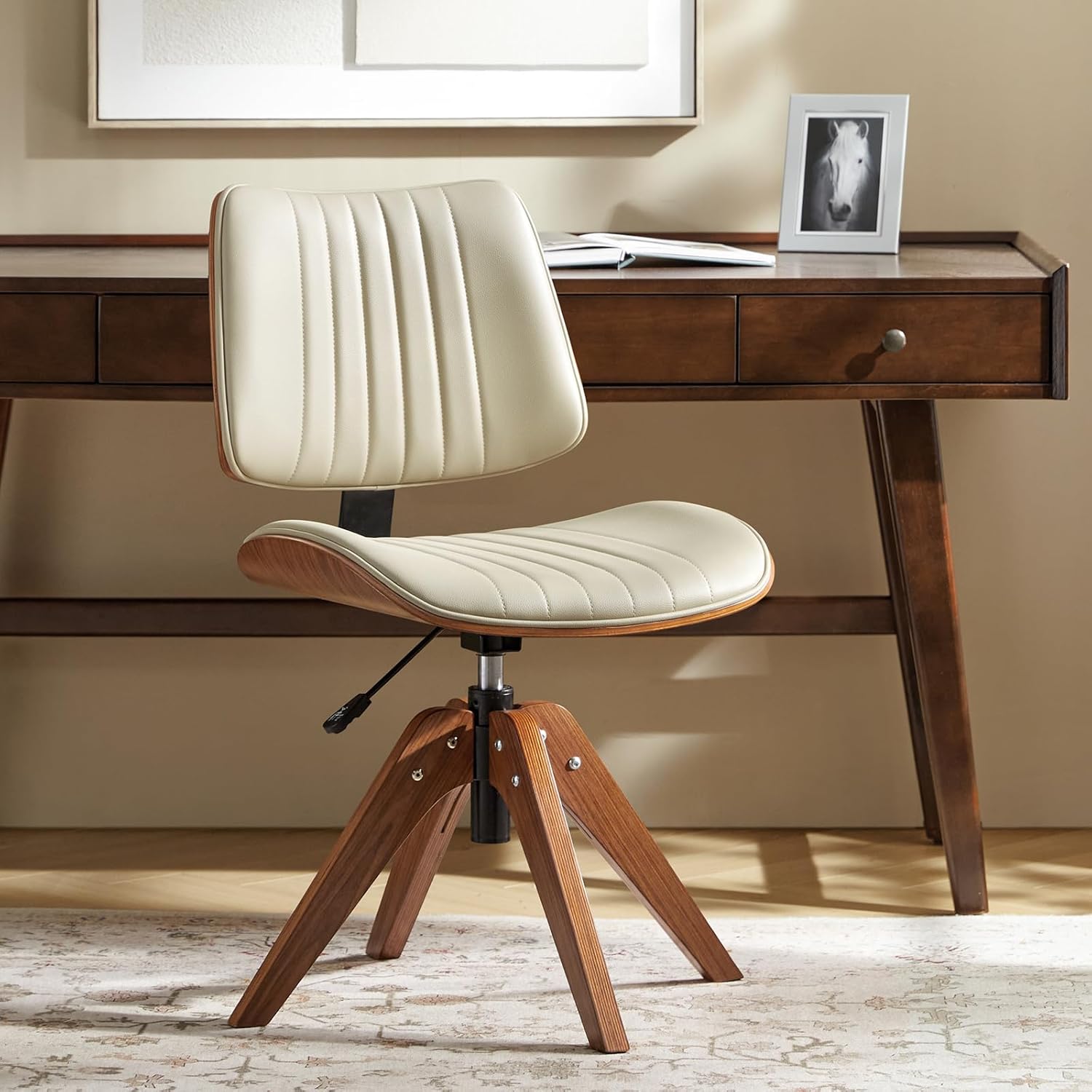 HULALA HOME Faux Leather Home Office Chair with Solid Wood Legs, 360° Swivel Desk Chair No Wheels with Bentwood Design, Mid-Century Modern Wide Seat Computer Task Chair, Ivory
