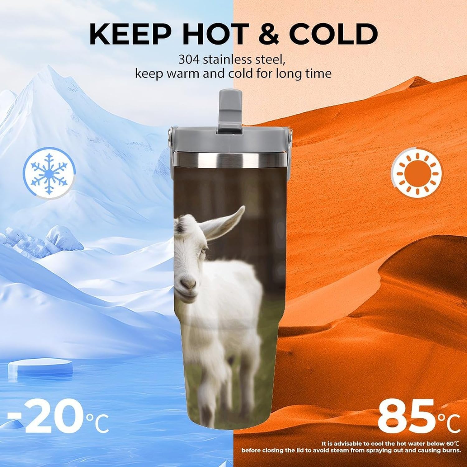 Cute Goat Water Bottle 30 Oz Fits Car Cup Holder,Insulated Coffee Mug Large Capacity Car Cups,Stainless Steel Double Wall Sport Bottle for Travel Sports Gym