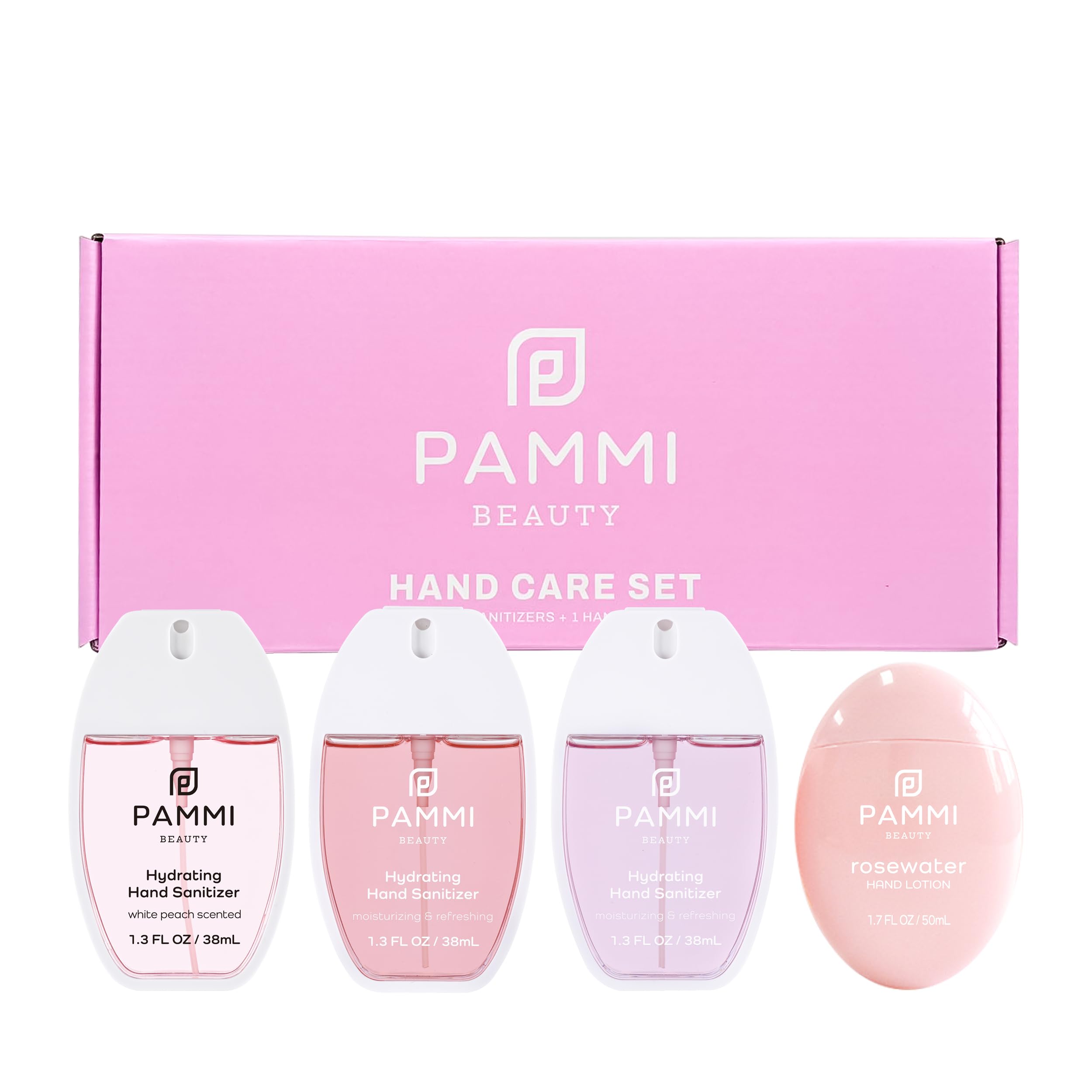 PAMMI Power Mist Hydrating Hand Sanitizer Spray, Portable Travel Size Pocket Hand Sanitizer, Scented Mini Spray For Car ((Gift Box (Rose Scent, Peach