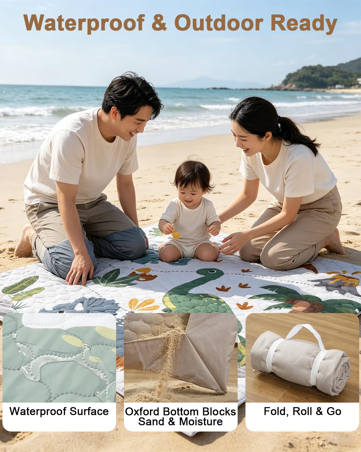 2-in-1 Baby Play Mat Indoor & Outdoor, 50x50in Thick Foam Playpen Mat with Waterproof Removable Cover, Non-Slip Soft Crawling Floor Mat for Infants, Toddlers, Travel, Picnic & Camping, Dinosaur