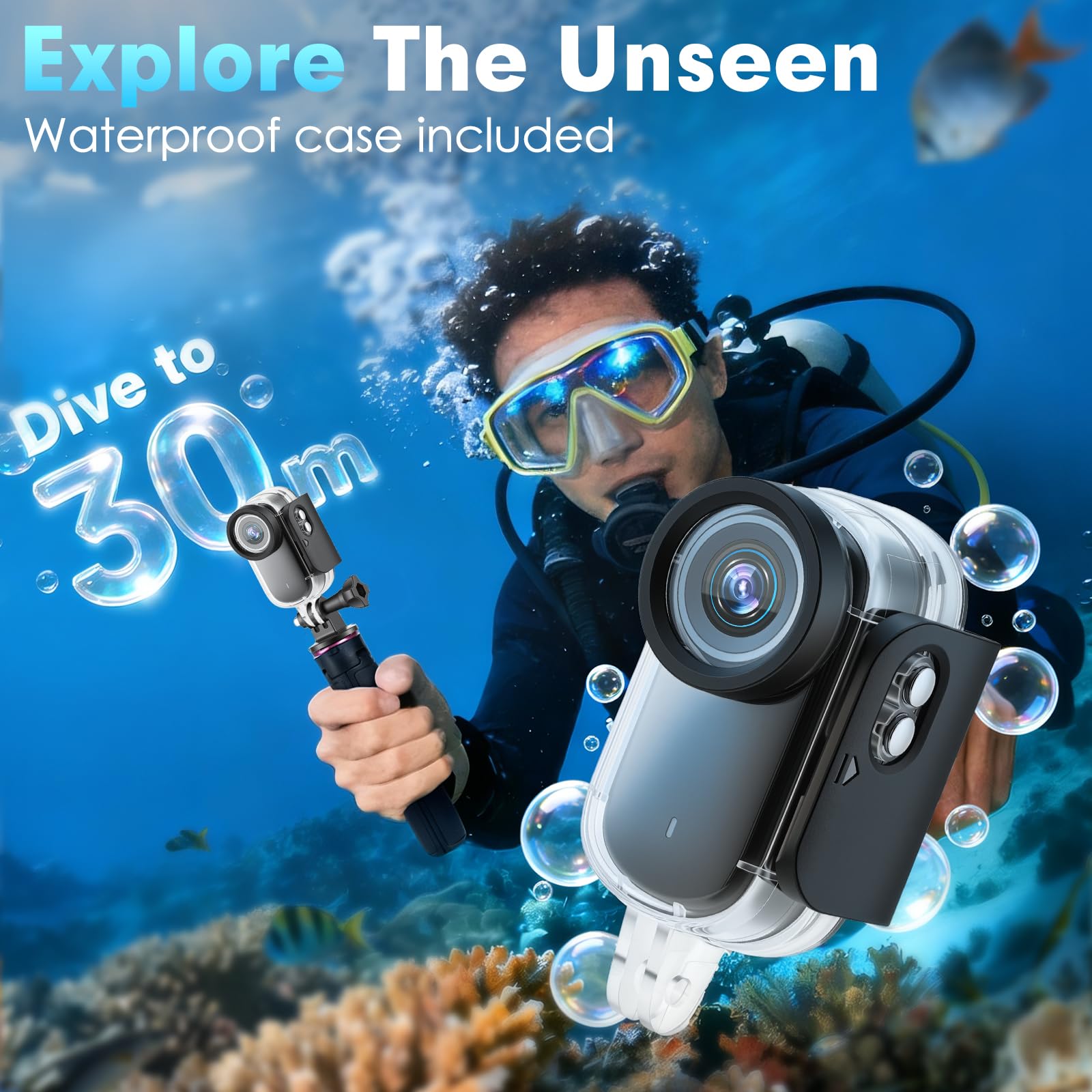 Action Cam a 360° con touch screen e batteria di 8 ore, impermeabile fino a 30 m con alloggiamento, fotocamera POV grandangolare 120° con 10+ accessori per ciclismo, viaggi, sport, inclusa scheda TF