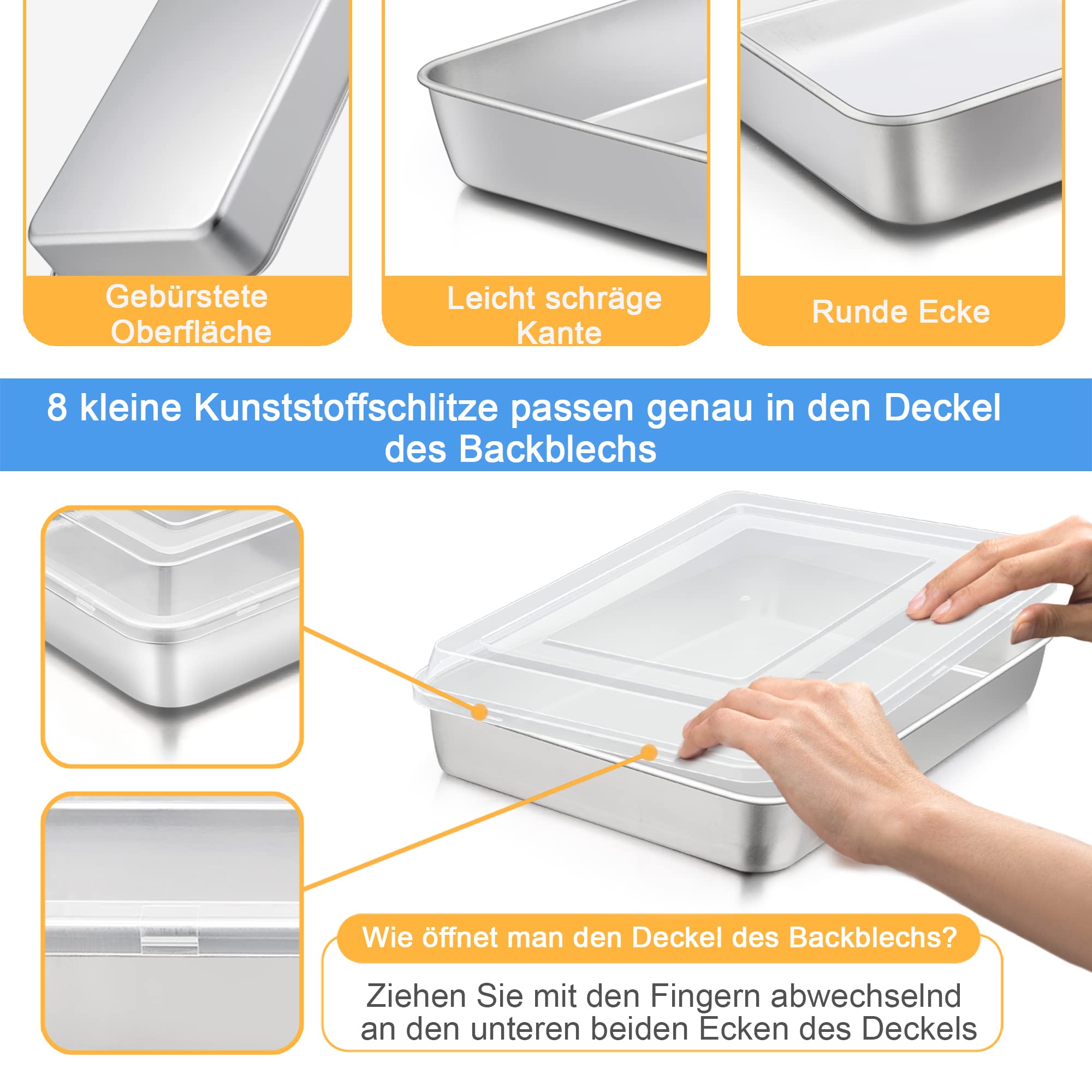 Joyfair Kuchenform, Edelstahl Backform mit Luftdichtem Deckel, 31x24x5cm, Rechteckiges Backblech zum Backen Braten Aufbewahren, Ideal für Kuchen/Brownie/Lasagne - Schwerlast & Spülmaschinenfest