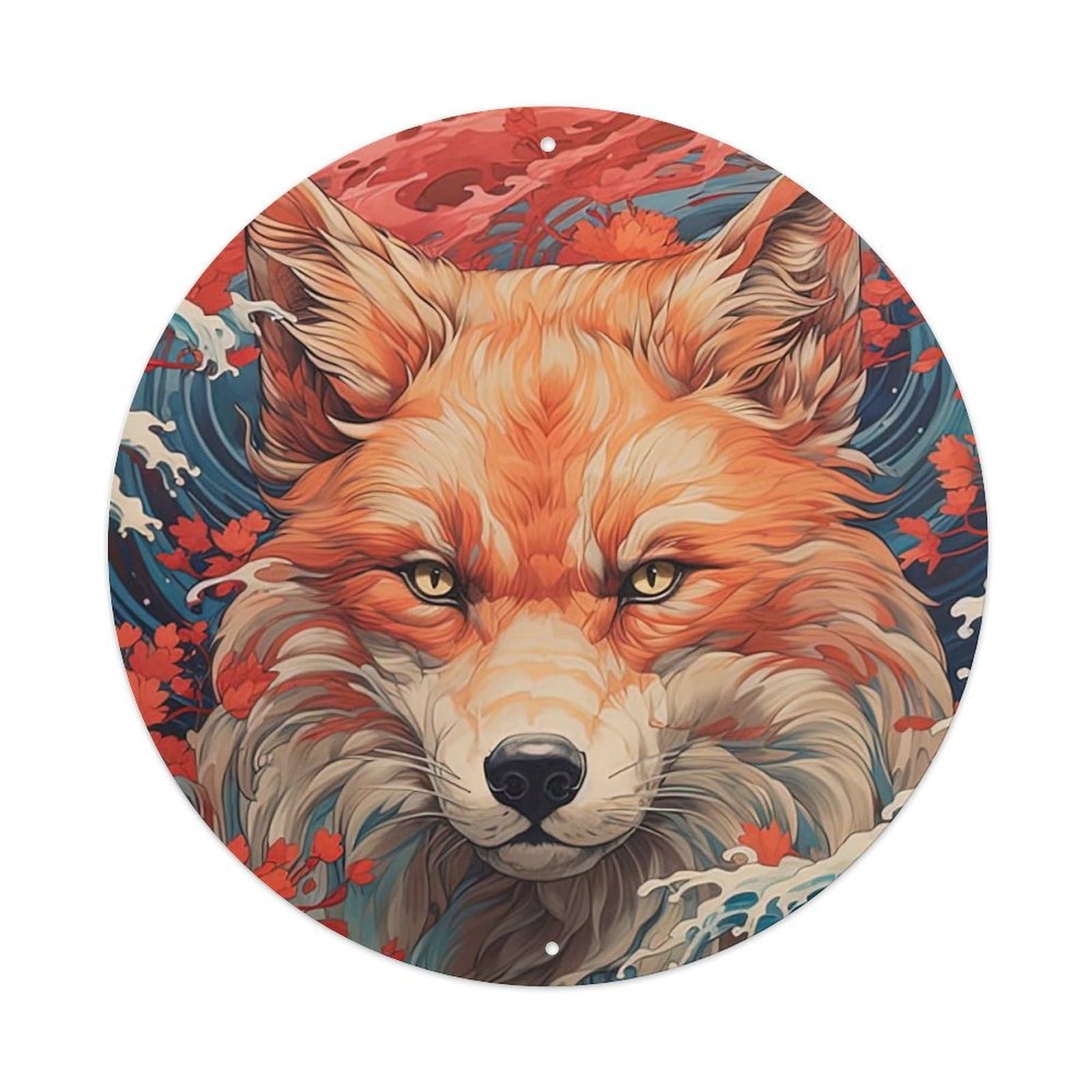 Animal Art Cunning Fox Vintage Metal Tin Sign Plaque Wall Decor for Cafe, Club, Garden Round Metal Poster 8x8Inch