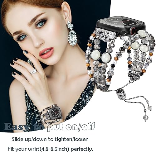 Miniatura 2 de fohuas Correa de cuentas compatible con Apple Watch de 1.496 in 1.575 in 1.614 in 1.654 in 1.732 in 1.772 in 1.929 in, cuentas de perlas de cristal