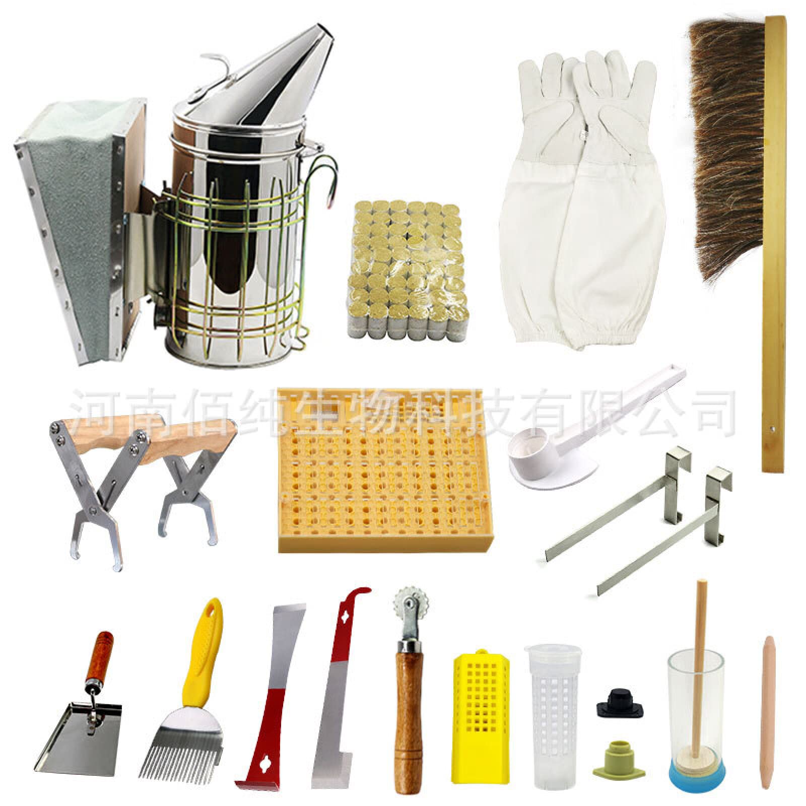 17 piezas Kit de herramientas para la apicultura-Accesorios para la apicultura-Pulverizador de humo de acero inoxidable Abrazadera para cuadro de panal Guantes de piel con cepillo de abeja