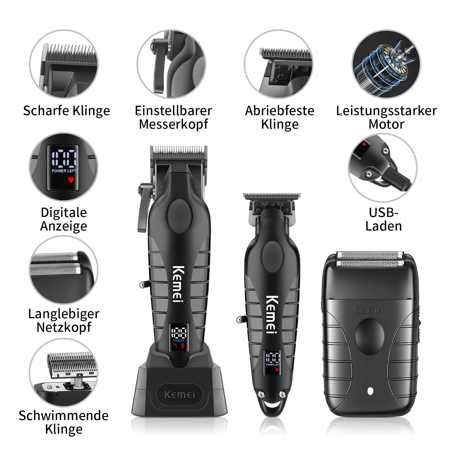 KEMEI Profi Barber Haarschneidemaschine Set für Herren, Kabellos Elektrisch T-Klingen Haarschneider Folienrasierer Kit, USB Wiederaufladbare Friseur Haarschneide Maschine Set mit 9 Führungskämmen