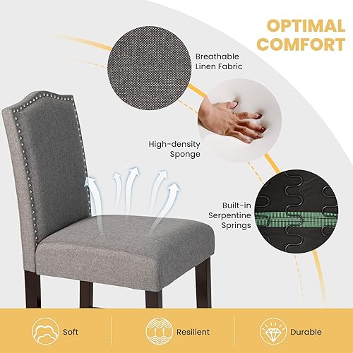 Miniatura 6 de COSTWAY Juego de 4 taburetes de bar, sillas tapizadas de lino con patas de madera de goma maciza, sillas de bar de madera para isla de cocina de 25