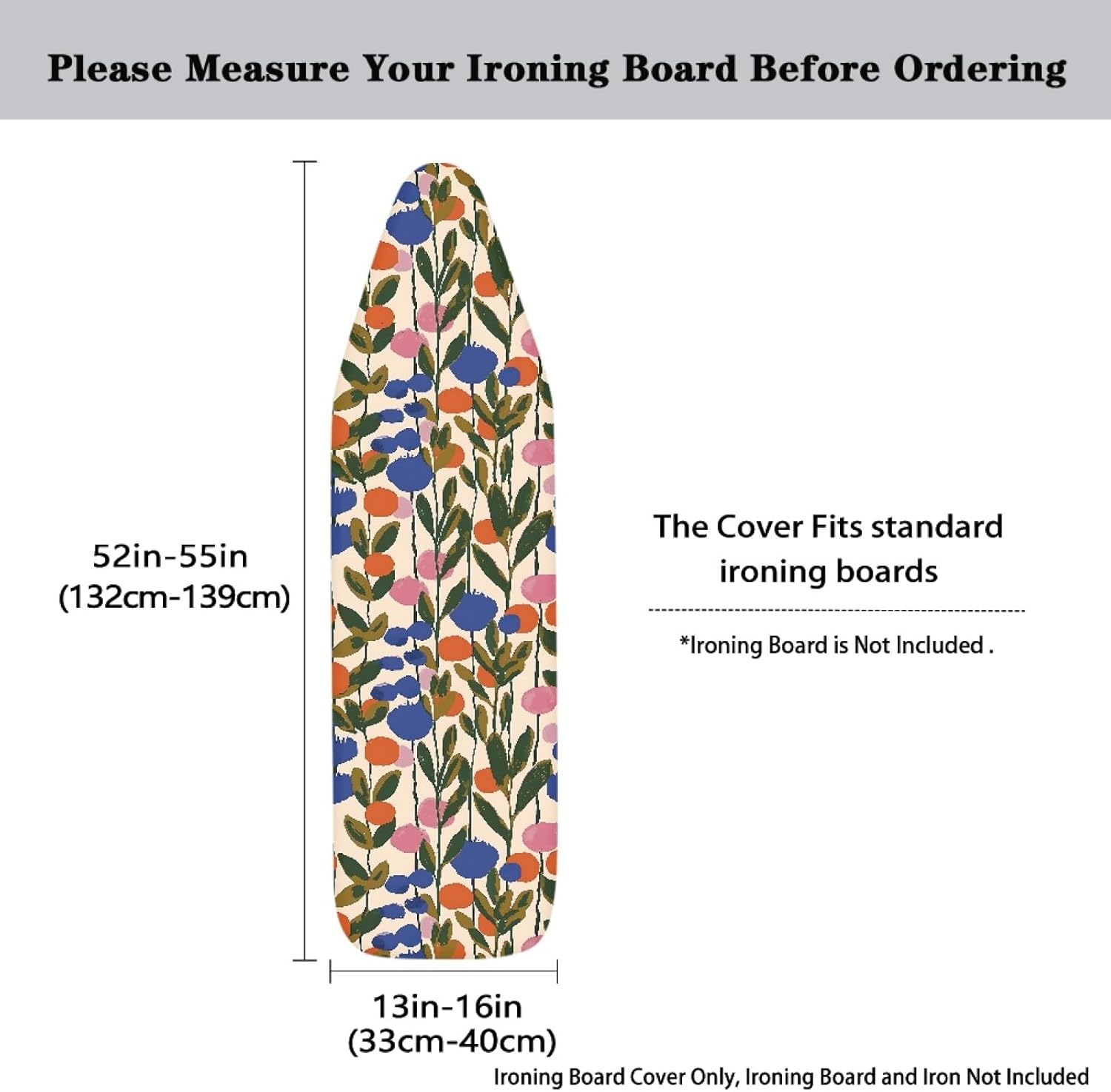 Flowers Ironing Board Cover,16"x55" Standard Ironing Board Cover with Elastic Edge and Hook and Loop Fasteners, Scorch & Stain Resistant, Polyester Home Ironing Board Covers, Soft Floral Bloom