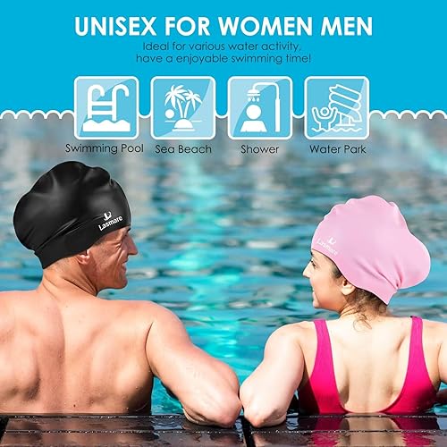 Miniatura 7 de Gorro de natación grande y largo con espacio adicional para mujeres y hombres, gorra de natación de silicona para cabello largo y grueso con tapones