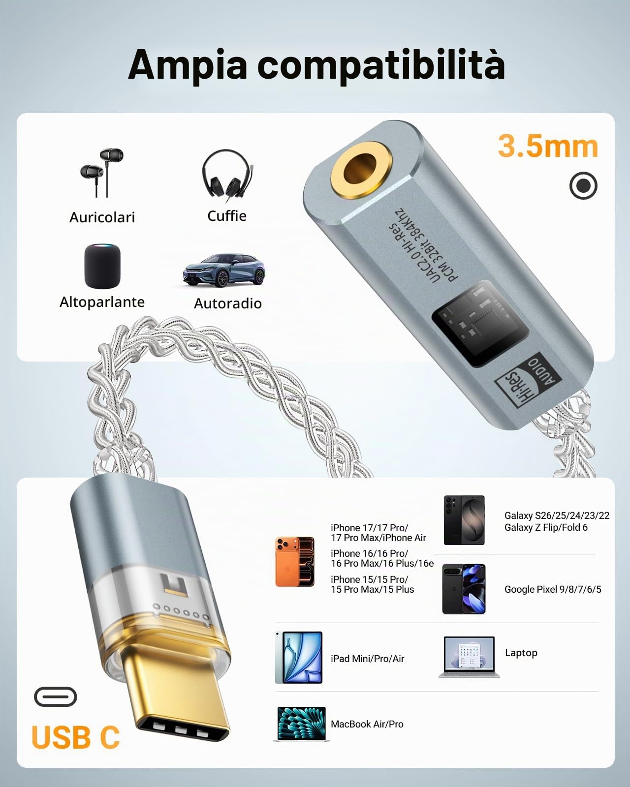 Adattatore USB-C A Jack 3,5 Mm MoKo – DAC Hi-Fi Per IPhone 17/16/15, Galaxy S24 E IPad, Bianco, Compatto E Plug-and-play - 2