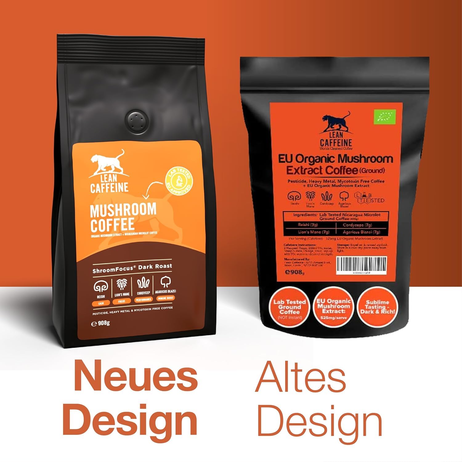 Mushroom Coffee Gemahlen 412g | Löwenmähne/Reishi/Cordyceps/Agaricus Blazei | Pestizide, Schwermetalle und Mykotoxinfreier dunkler gerösteter kugelsicherer Kaffee | 23+ starke Kaffeeportionen