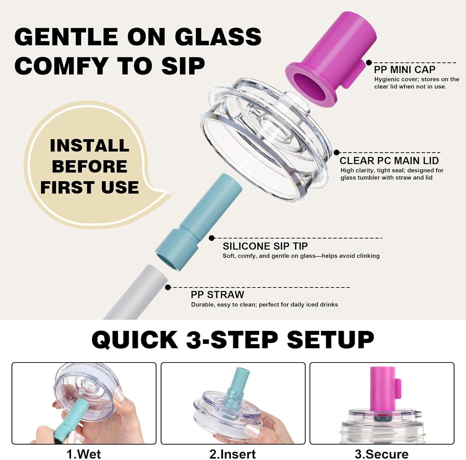 ANOTION Bamboo Mason 24oz Glass Tumbler with Straw Leakproof Lid, Mason Jar Cups 4 Color Caps, Self-Assembly Leak-Proof Lid Straw, Reusable Iced Coffee Cup, Mason Jar Drinking Glass Coffee Gifts - Image 5