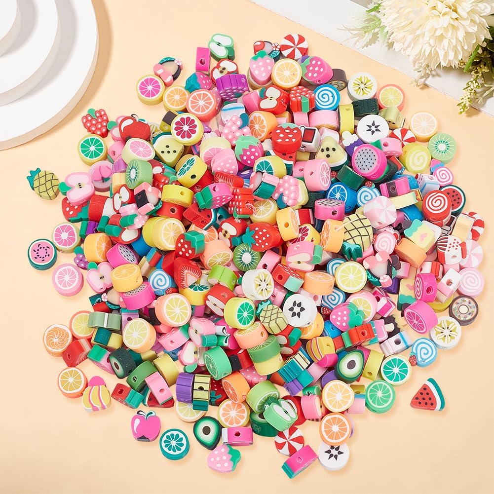 400Pcs 2 Styls Fruit Polymer Clay Beads Polymer Charm Beads Colorful Assorted Mixed Shaped Small Smooth Loose Spacers Findings for Jewelry Making Bracelets Necklaces Supplies Adults