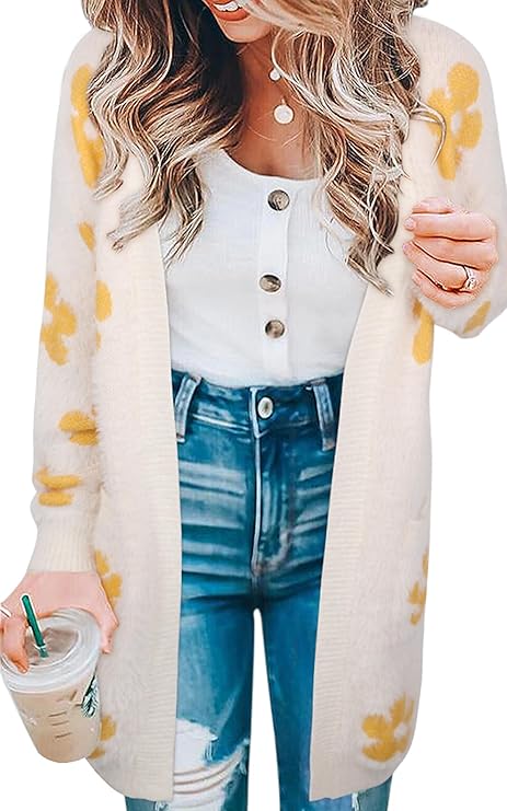 ECOWISH Women Cardigan Sweaters Long Floral Striped Winter Fall Long Sleeve Open Front Cozy Knitted Daisy Fuzzy Coats Outwear