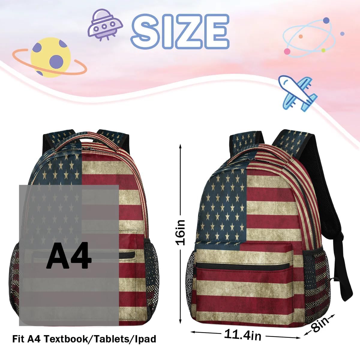 American Flag Backpack for School, Retro Rustic Patriotic USA Flag Laptop Backpack Water Resistant Bookbag for Casual Travel Hiking Camping Outdoor Daypack Shoulder Bag for Teenager Boys Girls Kid