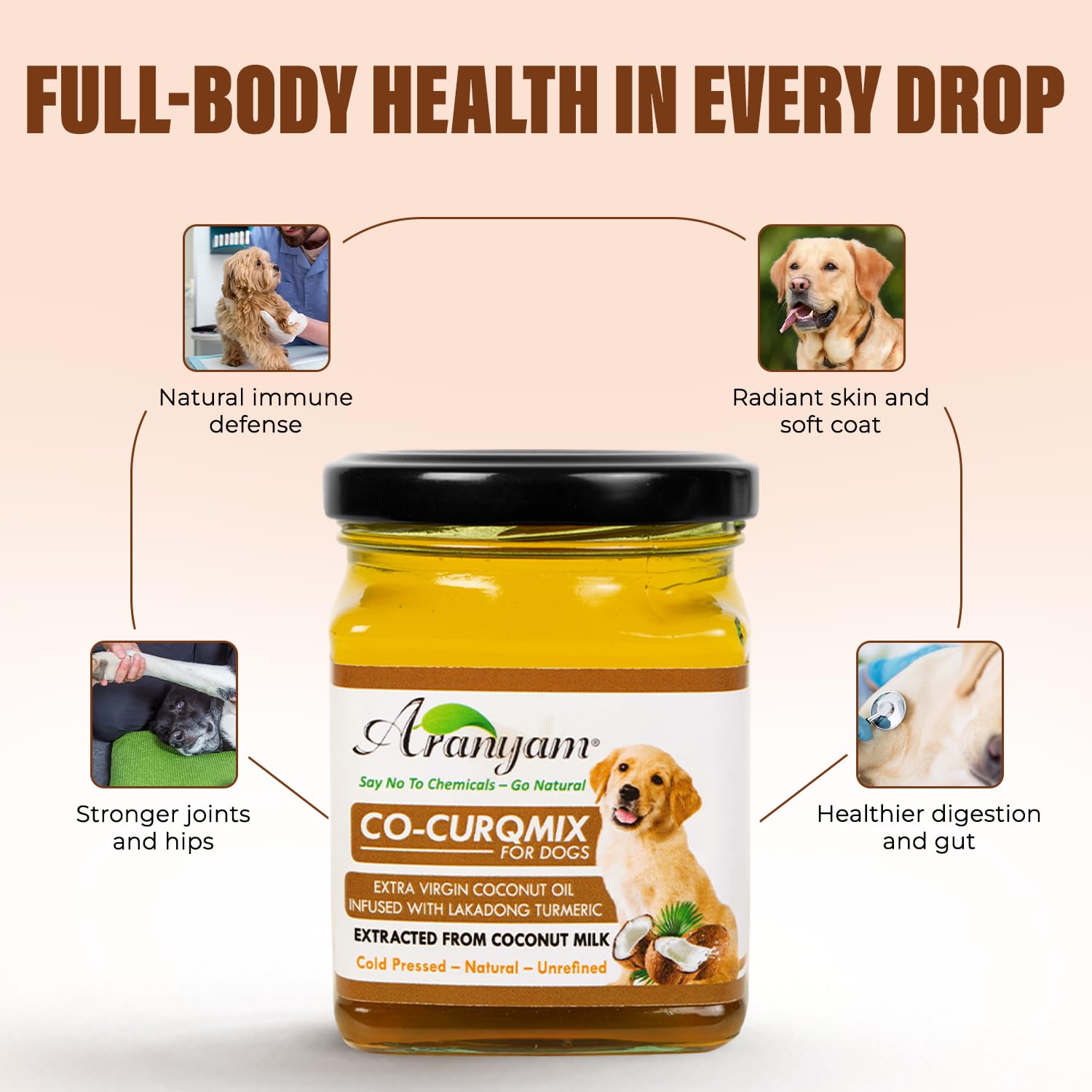 Aranyam Co-CurQmix for Dogs - Extra Virgin Cold Pressed Coconut Oil with Lakadong Turmeric - 160ml | Dog Nutritional Supplement for Joint Health, Digestion, Itchy Skin & Shiny Coat 2