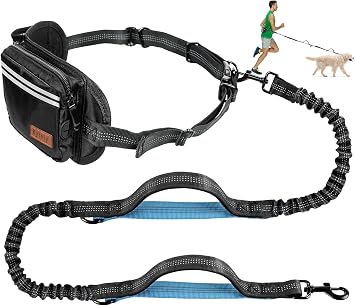 Kytely Hands Free Dog Leash with Zipper Pouch, Wide Padded Waist Dog Running Leash, Dual Padded Handles, Retractable Bungee for Walking Jogging Training Hiking