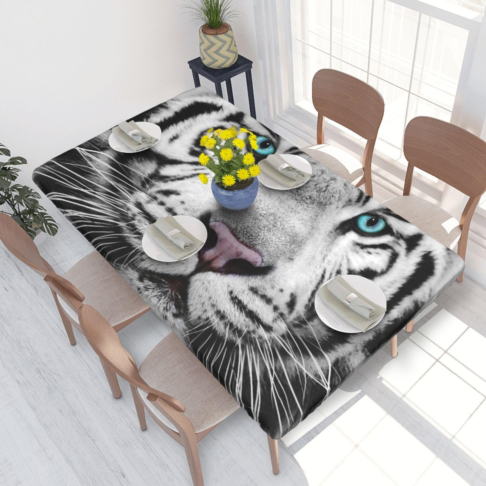 BNVSADC Tiger with Teal Eyes Printed 4FT Tablecloth 122x76 CM Polyester Kitchen Water Resistant Table Cloth Dining Table Decoration Table Covers