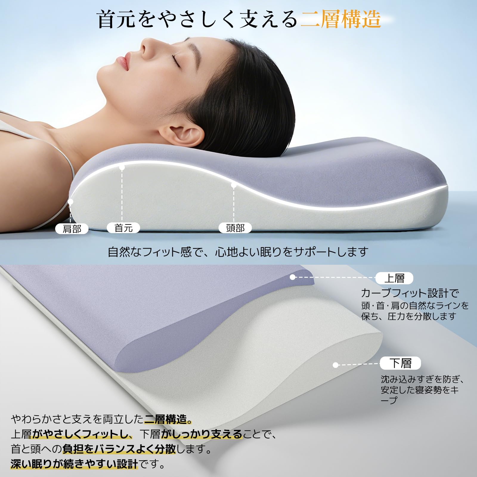 [Rakuisme] 枕 低反発 首·肩ラクラク 首元をやさしく支える まくら 寝返りやすい 通気性 温度調節 PCM冷感カバー付き 安眠枕 快眠 深い眠りをサポート 仰向け 横向き うつ伏せ対応 8cm(低め) - 5