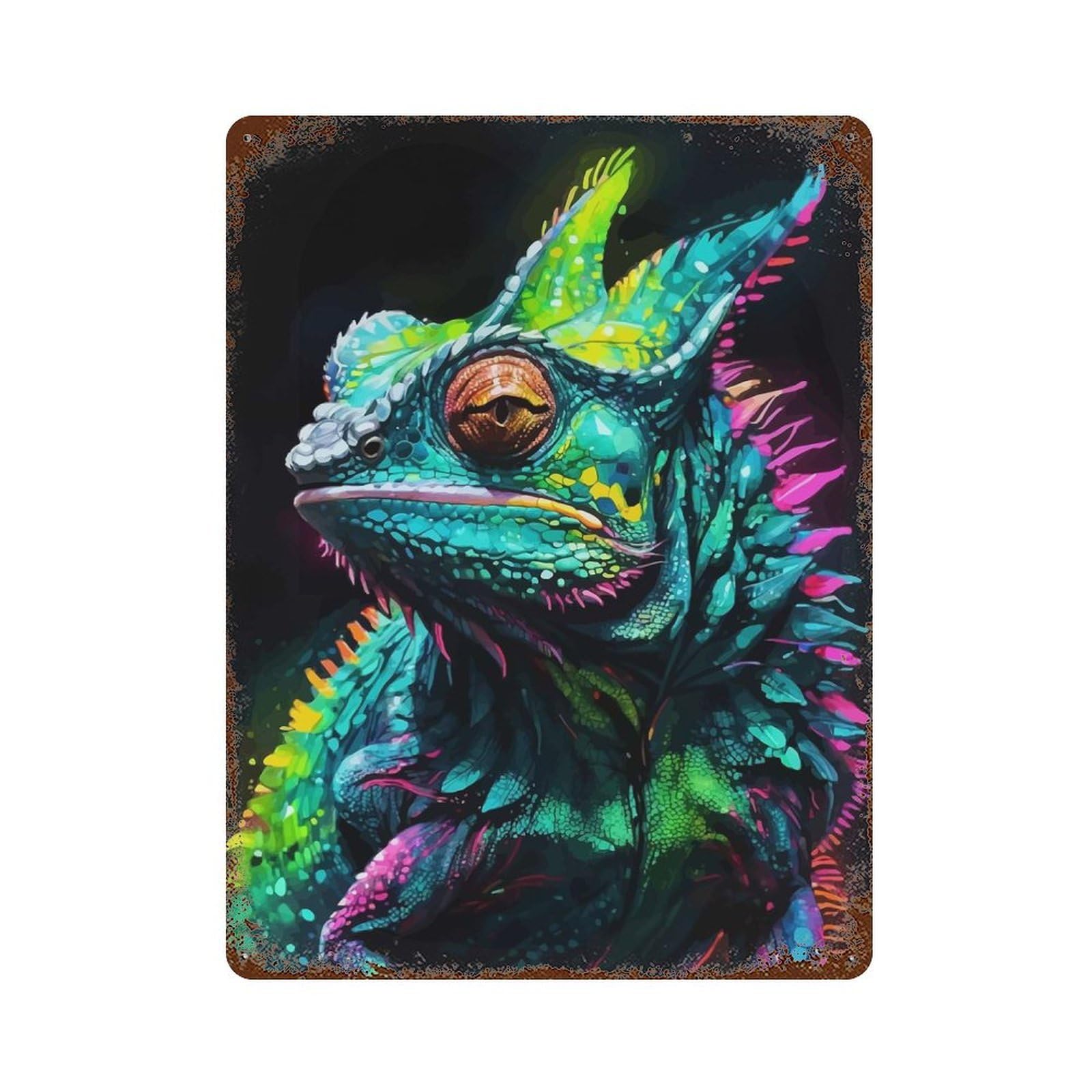Aged Metal Wall Plaque with Neon Chameleon Portrait Design 15.7"x11.8", for Farmhouse, Kitchen And Entryway Decor, Retro Wall Decor