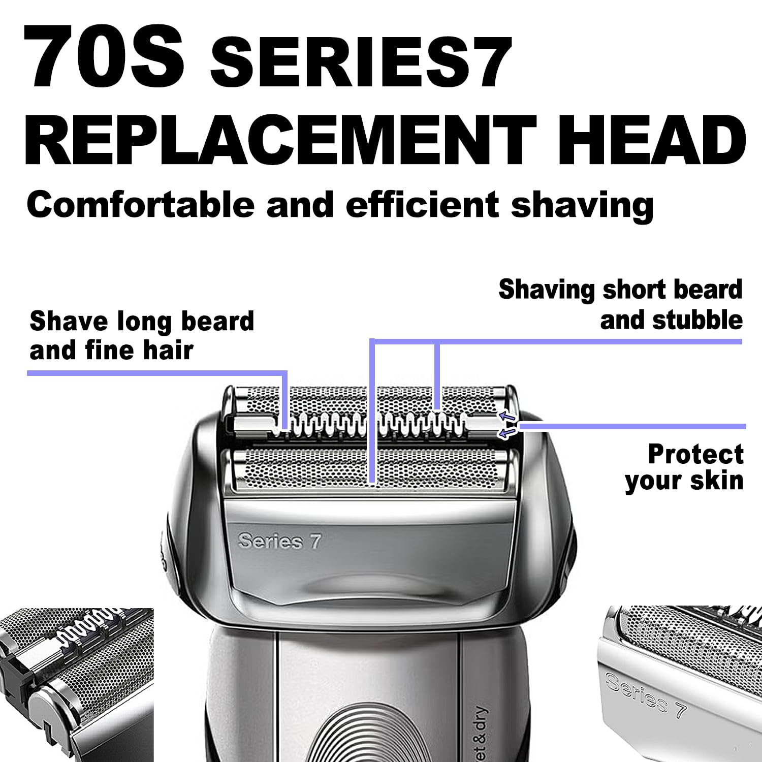 Tête de rechange pour rasoir électrique série 7 70S - Compatible avec les lames de rasoir électrique de rechange 70S pour homme - Pour Braun Series 7 : 720cc, 730cc, 735s, 750cc, 760cc, 790cc et 795cc