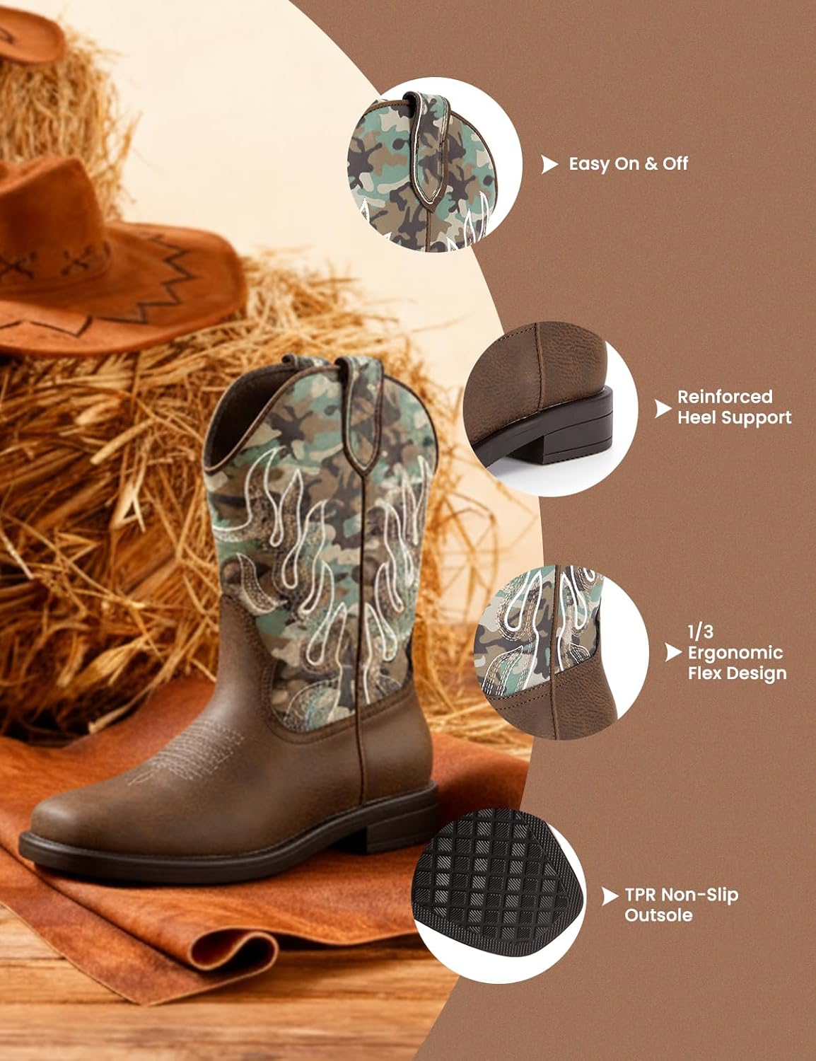 PATPAT Toddler Little Boys Girls Cowboy Boots, Square Toe Mid Calf Embroidered Cowboy Boots Western Riding Shoes