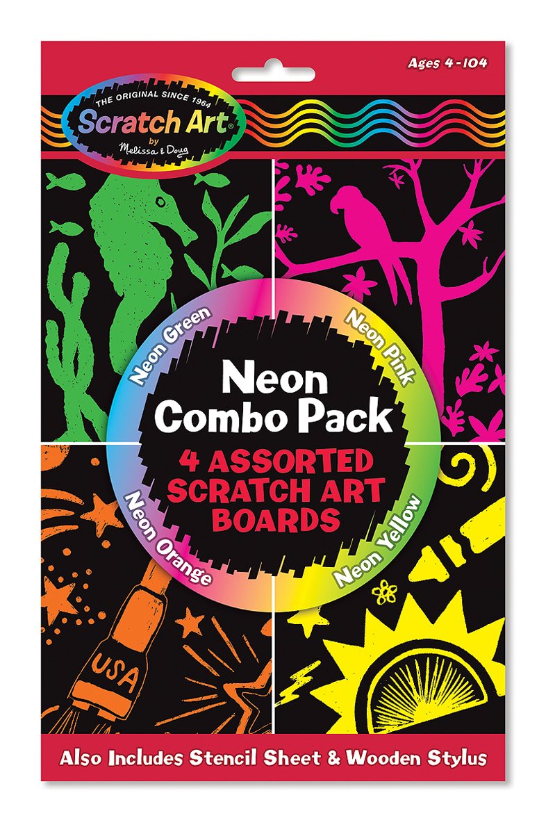 Neon Combo Pack: 4 Assorted Scratch Art Boards [With 4 Scratch Art Boards, Wooden Stylus, Instructions and Stencils]
