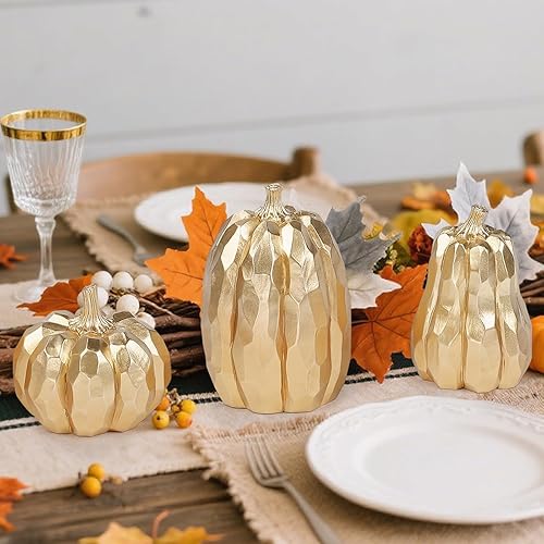 Miniatura 4 de Paquete de 3 calabazas doradas de Acción de Gracias, decoración de otoño de calabaza, elegante decoración de cosecha de otoño para otoño, Acción de