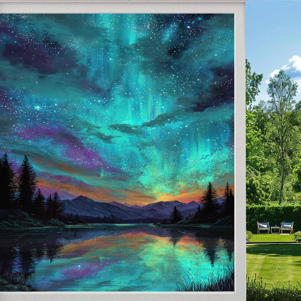 Pmlbaous Mysterious Aurora Stained Glass Window Film, Nature Lake Pine Forest Peel And Stick Privacy Film, Frosted Adhesive Vinyl Decorative For Bathroom Windows Glass Doors, （45X100cm）
