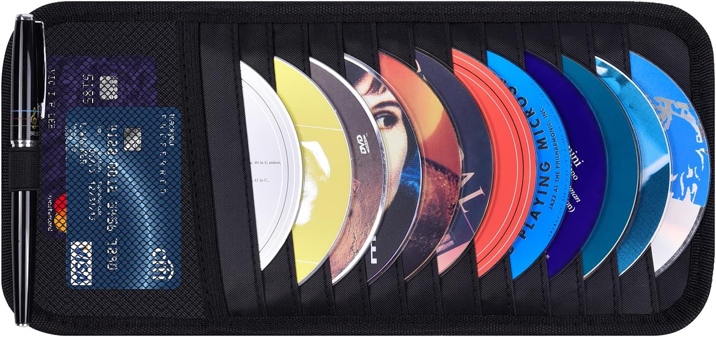 Wisdompro Car CD Case Holder, Vehicle Sun Visor Organizer Disc Wallet for Cars with 12 DVD Storage Sleeves, 1 Mesh Pocket, 1 Pen Holder and Elastic Strap (Black)