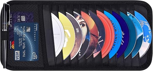 Wisdompro - Funda para CD de automóvil, organizador para visera solar para automóvil con 12 fundas de almacenamiento de DVD, 1 bolsillo de malla, 1