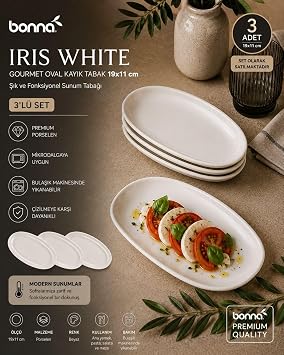 Bonna Iris White Gourmet Oval Kayık Tabak 19x11 cm - Şık ve Fonksiyonel Sunum Tabağı (3, Beyaz)