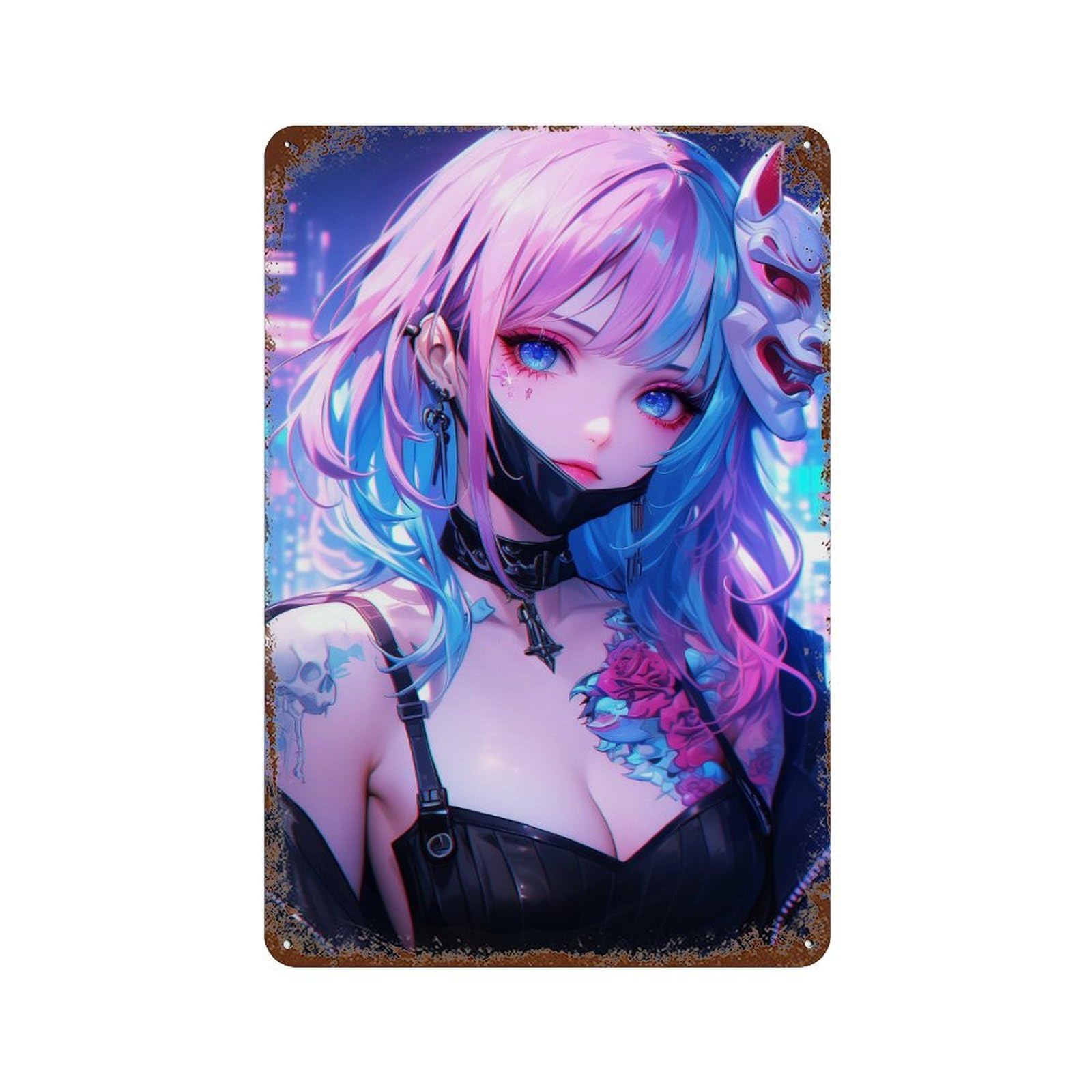Anime Oni Girl 11.8"x7.9" Weathered Tin Sign, Shabby Chic Decor for Farmhouse, Kitchen And Entryway Decor