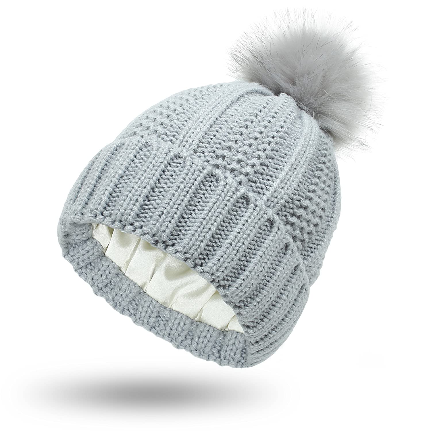 Camelliass Women's Grey Knitted Beanie With Satin Lining Pom Pom Winter Warm Cap Bobble Hat (Grey)