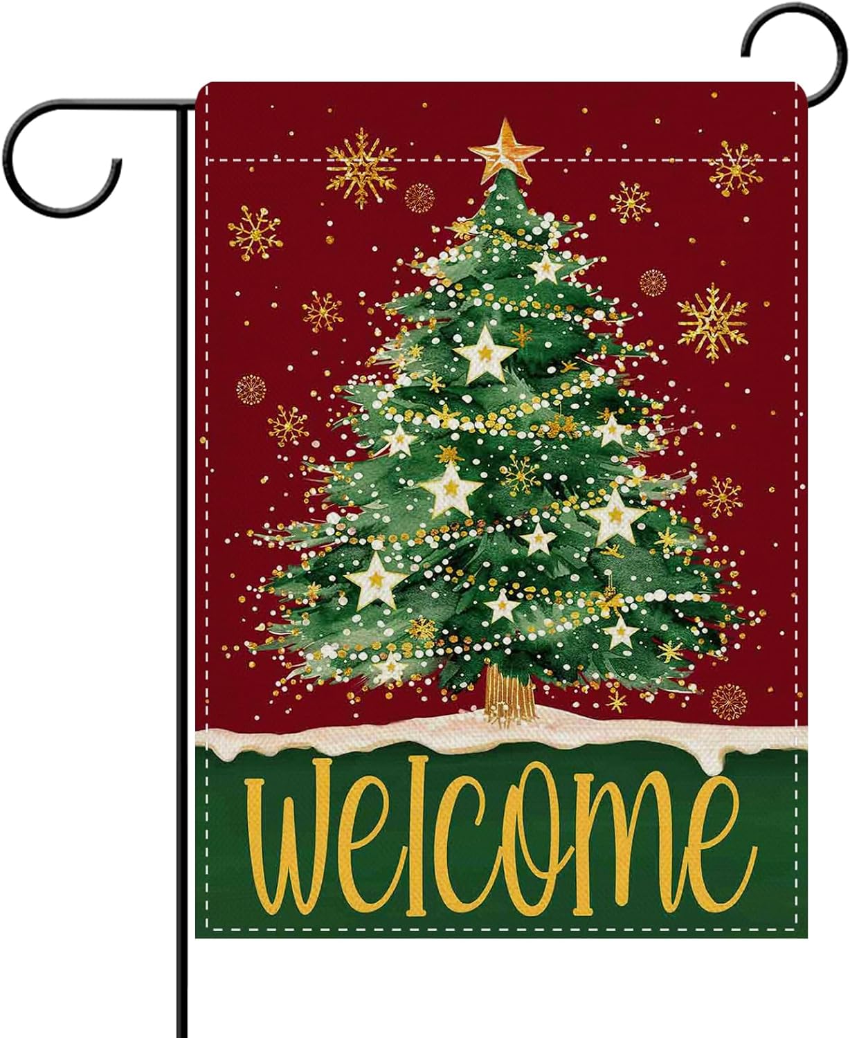 Dyrenson Welcome Christmas Tree Decorative Garden Flag, Red Green Xmas Pine Tree Snowflake Yard Outside Home Decoration, Winter Holiday Burlap Outdoor Small Decor Double Sided 12 x 18