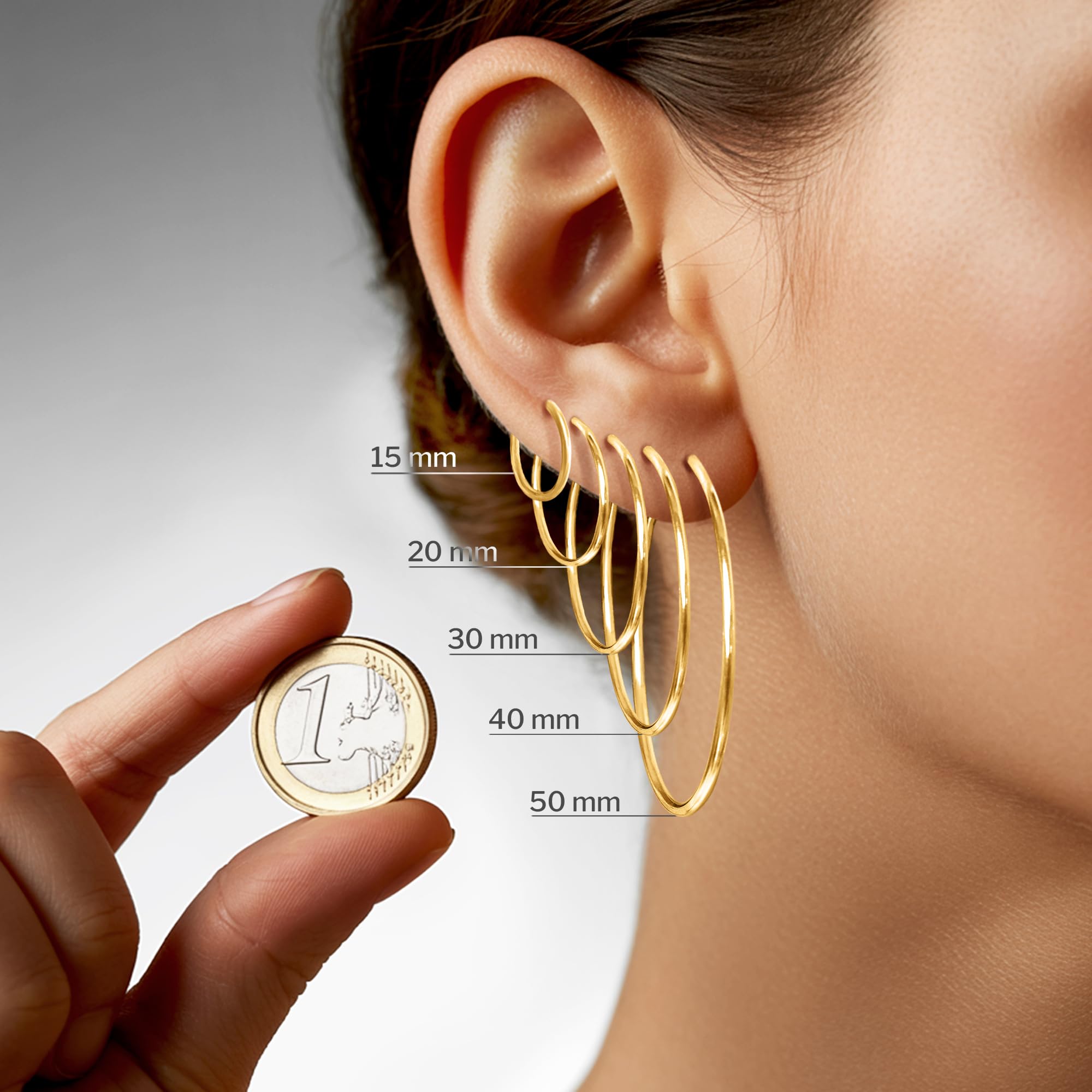 Orecchini Cerchio Donna in Oro Giallo 333 375 585 750 Orecchini Creoli leggerissimi 15 mm largh. 1,3 mm Orecchini Donna Oro con Scatola Regalo
