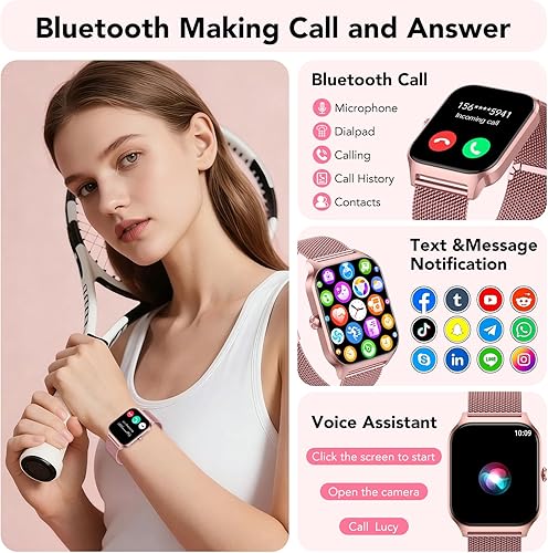 Vista 3 de CASCHO Reloj inteligente para mujer (2 bandas), reloj inteligente de llamadas Bluetooth con voz AI, reloj de fitness HD de 1.85 pulgadas, ritmo