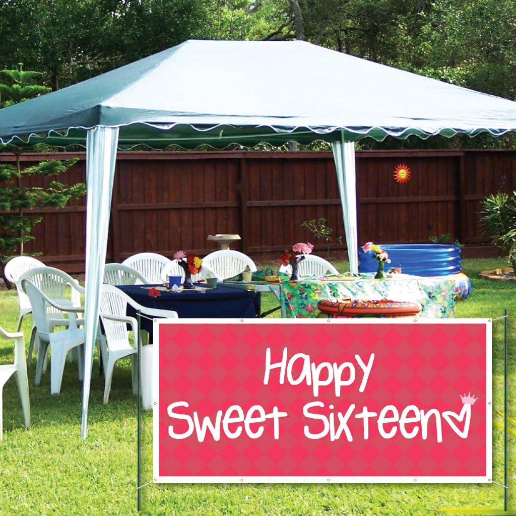 VictoryStore Yard Sign Outdoor Lawn Decorations: Happy Sweet Sixteen 16th Birthday Vinyl Banner (2x4 Feet)