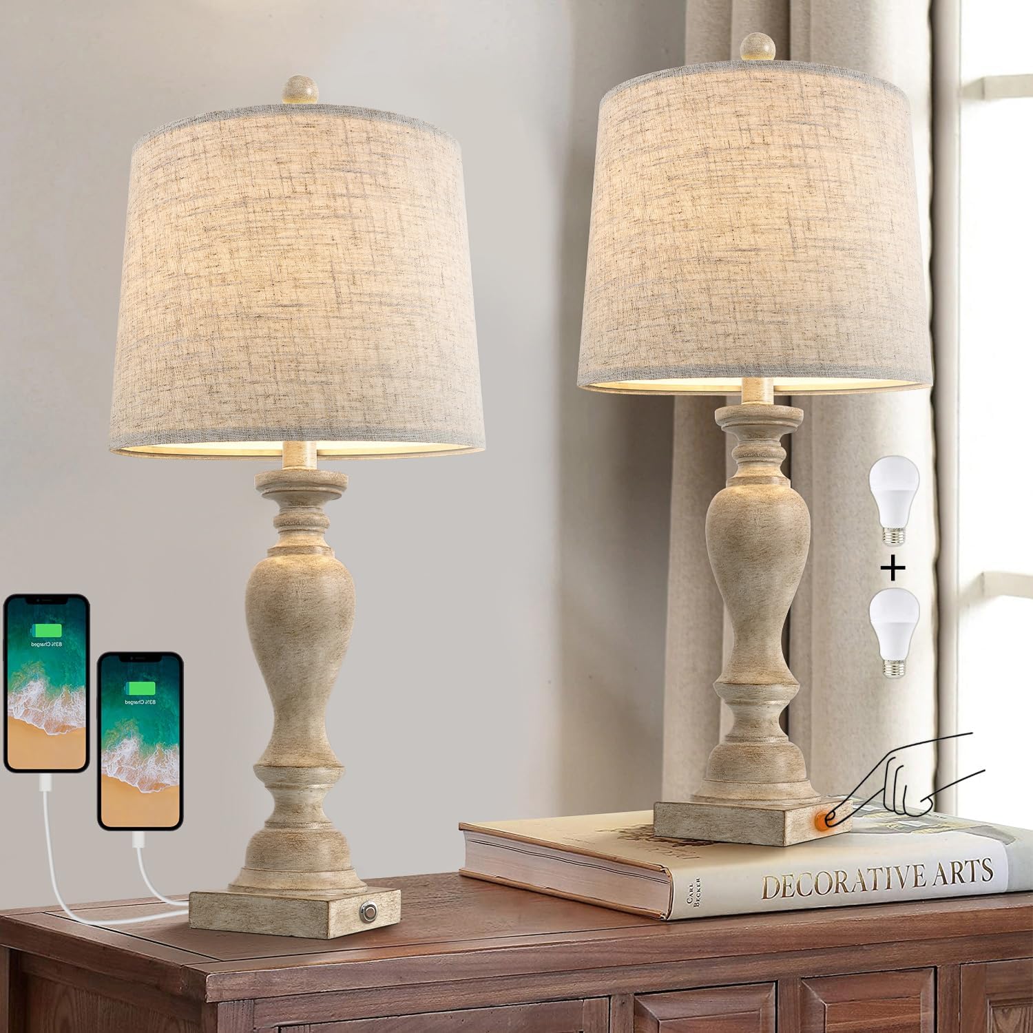 PORTRES25.75" Farmhouse 3-Way Dimmable Table Lamp Set of 2 Rustic Touch Control Bedside Nightstand Lamps with USB A+C Charging Ports for Bedroom Desk Lamps for Living Room