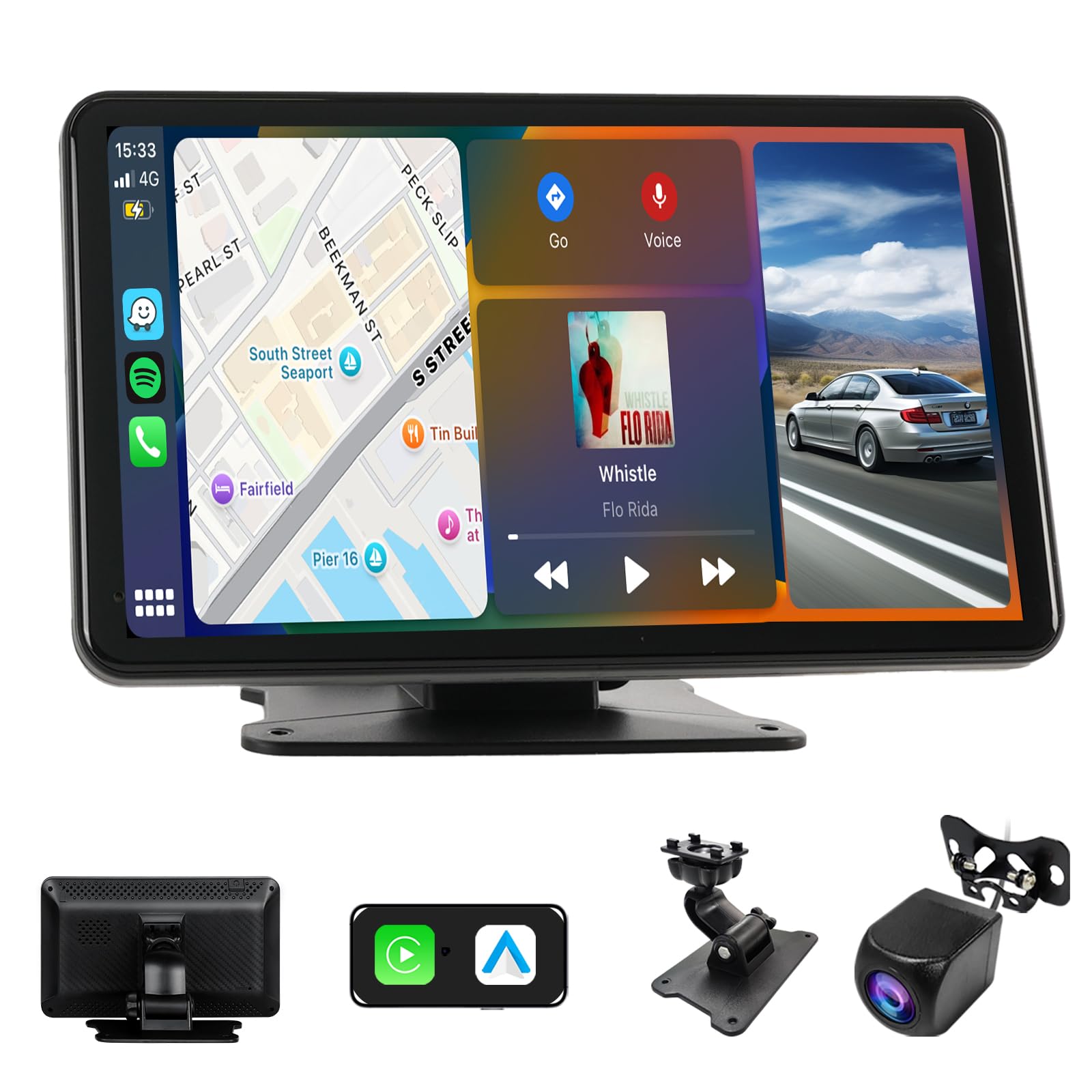 Haudio Audio de Coche Portátil para Carplay y Android Auto Inalámbrico,7 Pulgadas Autoradio Estéreo IPS Pantalla Táctil,con Cámara Trasera 1080P HD/FM/AUX/Control por Voz/Navegación GPS