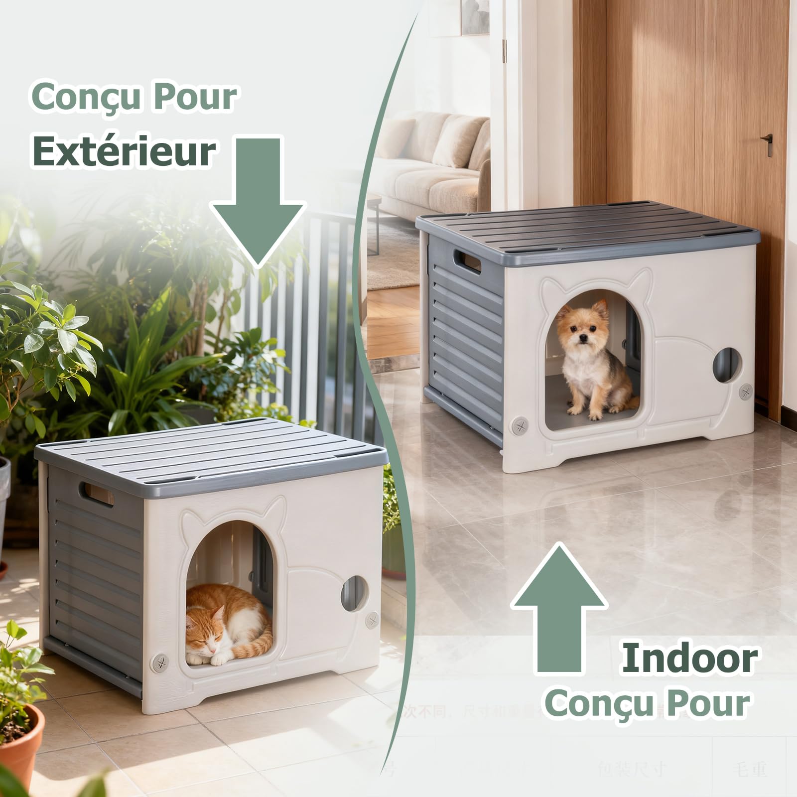 PETCUTE Maison de Chat en Plastique pour l'intérieur et l'extérieur,Résistante aux Intempéries,Maison pour Chats en Plastique,Imperméable,Abri pour Chat Sauvage,pour Toutes Les Saisons,Gris