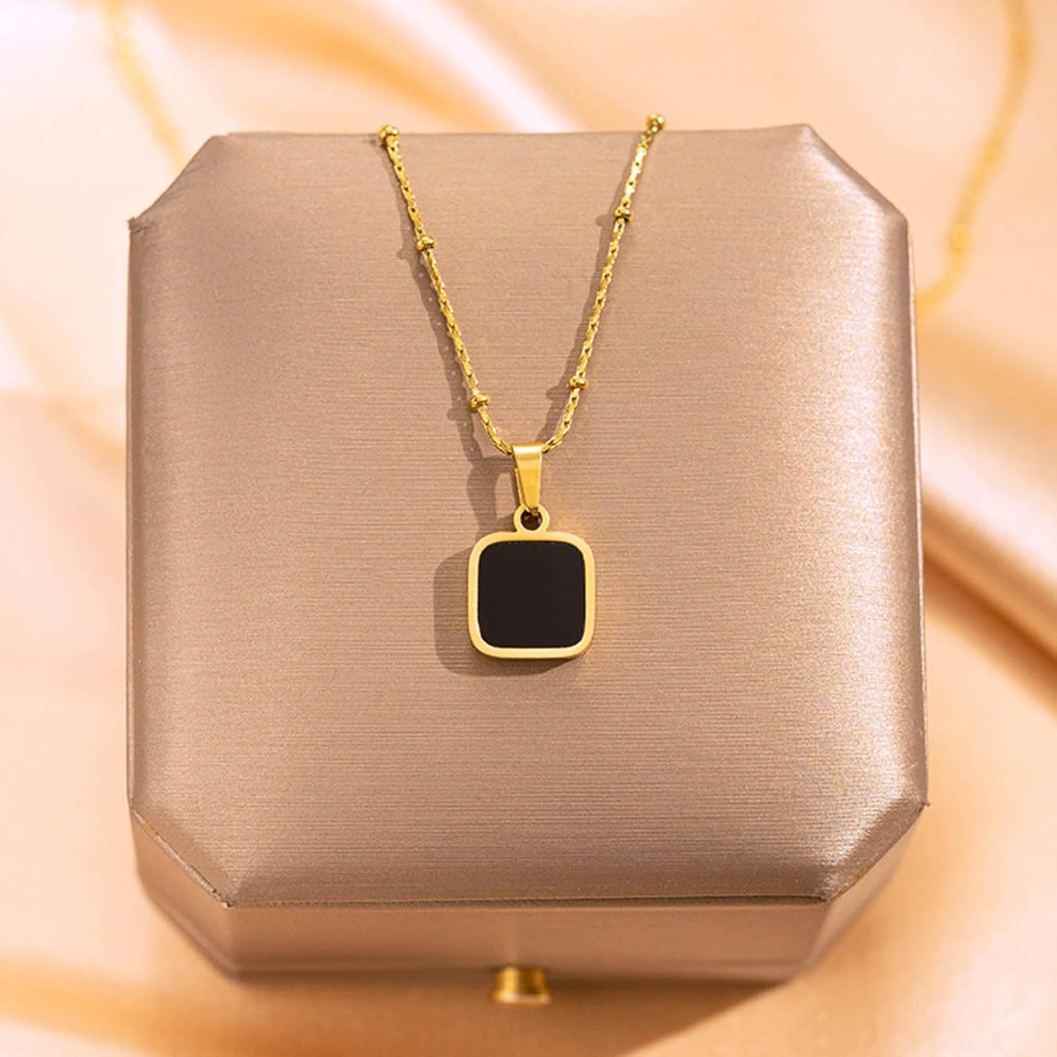 Gemstone Square Necklace Black Onyx Pendant Necklace Gold Beads Chain Geometric Square Necklace Black Crystal Birthstone Statement Necklace Bridal Wedding Jewelry for Women - Image 5