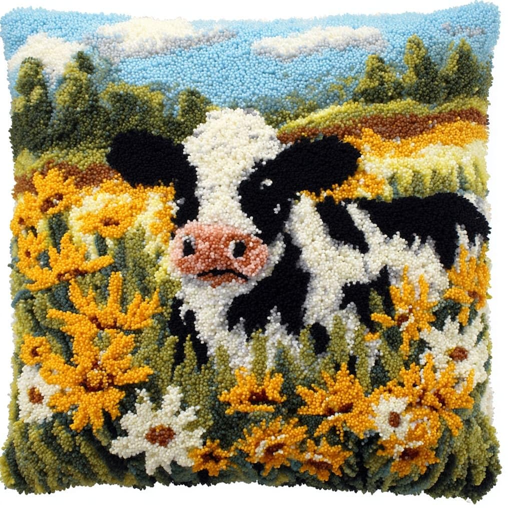 AxiangziK Latch Hook Cushion Kit for Adults & Beginners,Cows and Flowers